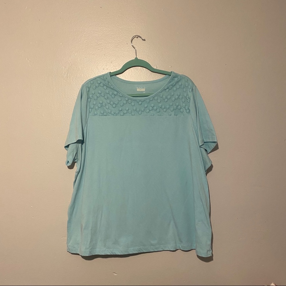 Turquoise blouse with floral mesh